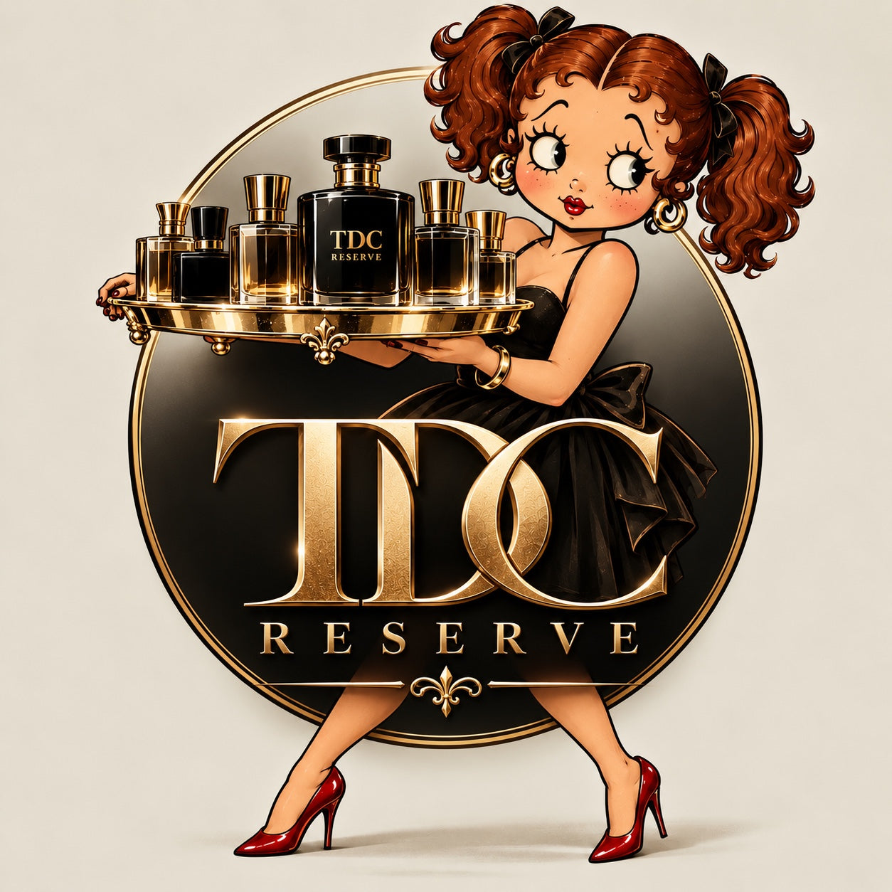 TDC Reserve Girl carrying a gold tray of fragrance bottles